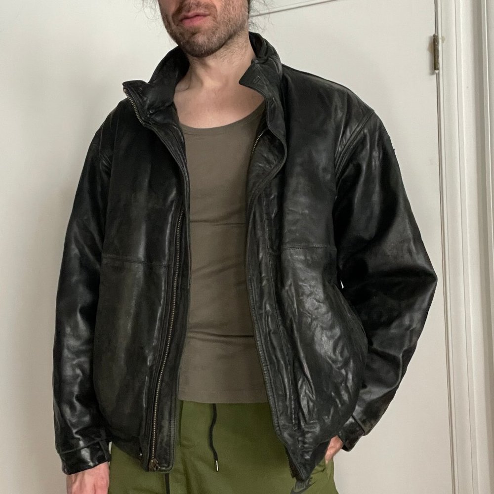 Eddie Bauer Jacket Mens XL Tall Vintage Black Leather Goose Down Insulated